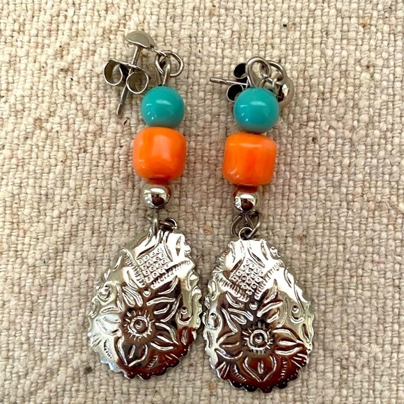 Silver Tone Southwestern Turquoise Orange Earrings - Picture 1 of 7
